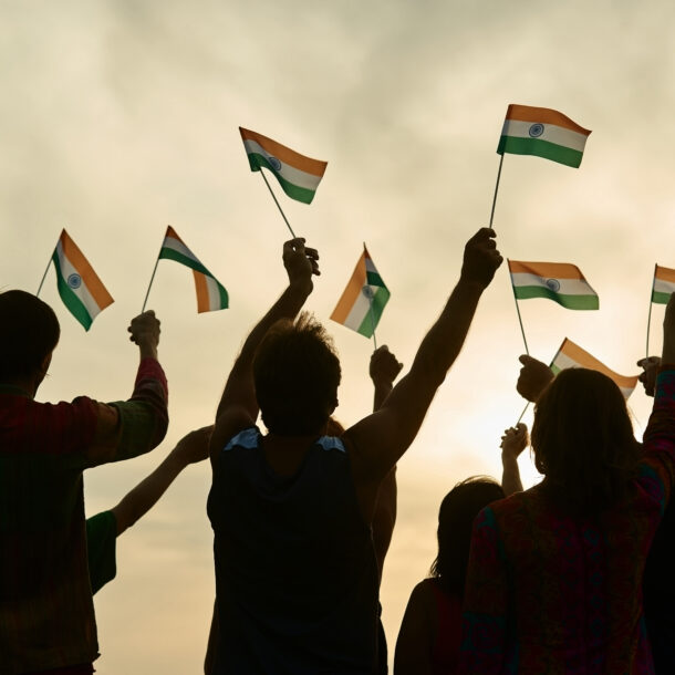 Indian patriots with flags outdoor.